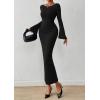 imagePRETTYGARDEN Womens Bodycon Maxi Dress Fall Fashion 2025 Long Bell Sleeve Ruched Fitted Elegant Cocktail Party Slit DressesBlack