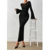 imagePRETTYGARDEN Womens Bodycon Maxi Dress Fall Fashion 2025 Long Bell Sleeve Ruched Fitted Elegant Cocktail Party Slit DressesBlack