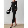 imagePRETTYGARDEN Womens Bodycon Maxi Dress Fall Fashion 2025 Long Bell Sleeve Ruched Fitted Elegant Cocktail Party Slit DressesBlack