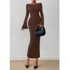 imagePRETTYGARDEN Womens Bodycon Maxi Dress Fall Fashion 2025 Long Bell Sleeve Ruched Fitted Elegant Cocktail Party Slit DressesBrown