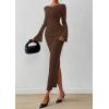imagePRETTYGARDEN Womens Bodycon Maxi Dress Fall Fashion 2025 Long Bell Sleeve Ruched Fitted Elegant Cocktail Party Slit DressesBrown