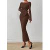 imagePRETTYGARDEN Womens Bodycon Maxi Dress Fall Fashion 2025 Long Bell Sleeve Ruched Fitted Elegant Cocktail Party Slit DressesBrown