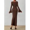 imagePRETTYGARDEN Womens Bodycon Maxi Dress Fall Fashion 2025 Long Bell Sleeve Ruched Fitted Elegant Cocktail Party Slit DressesBrown