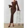imagePRETTYGARDEN Womens Bodycon Maxi Dress Fall Fashion 2025 Long Bell Sleeve Ruched Fitted Elegant Cocktail Party Slit DressesBrown