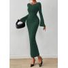 imagePRETTYGARDEN Womens Bodycon Maxi Dress Fall Fashion 2025 Long Bell Sleeve Ruched Fitted Elegant Cocktail Party Slit DressesDark Green