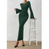 imagePRETTYGARDEN Womens Bodycon Maxi Dress Fall Fashion 2025 Long Bell Sleeve Ruched Fitted Elegant Cocktail Party Slit DressesDark Green