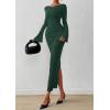 imagePRETTYGARDEN Womens Bodycon Maxi Dress Fall Fashion 2025 Long Bell Sleeve Ruched Fitted Elegant Cocktail Party Slit DressesDark Green