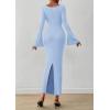 imagePRETTYGARDEN Womens Bodycon Maxi Dress Fall Fashion 2025 Long Bell Sleeve Ruched Fitted Elegant Cocktail Party Slit DressesLight Blue