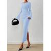 imagePRETTYGARDEN Womens Bodycon Maxi Dress Fall Fashion 2025 Long Bell Sleeve Ruched Fitted Elegant Cocktail Party Slit DressesLight Blue