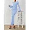 imagePRETTYGARDEN Womens Bodycon Maxi Dress Fall Fashion 2025 Long Bell Sleeve Ruched Fitted Elegant Cocktail Party Slit DressesLight Blue