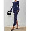 imagePRETTYGARDEN Womens Bodycon Maxi Dress Fall Fashion 2025 Long Bell Sleeve Ruched Fitted Elegant Cocktail Party Slit DressesNavy Blue