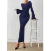 imagePRETTYGARDEN Womens Bodycon Maxi Dress Fall Fashion 2025 Long Bell Sleeve Ruched Fitted Elegant Cocktail Party Slit DressesNavy Blue