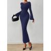 imagePRETTYGARDEN Womens Bodycon Maxi Dress Fall Fashion 2025 Long Bell Sleeve Ruched Fitted Elegant Cocktail Party Slit DressesNavy Blue