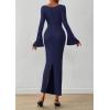 imagePRETTYGARDEN Womens Bodycon Maxi Dress Fall Fashion 2025 Long Bell Sleeve Ruched Fitted Elegant Cocktail Party Slit DressesNavy Blue