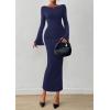imagePRETTYGARDEN Womens Bodycon Maxi Dress Fall Fashion 2025 Long Bell Sleeve Ruched Fitted Elegant Cocktail Party Slit DressesNavy Blue