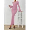 imagePRETTYGARDEN Womens Bodycon Maxi Dress Fall Fashion 2025 Long Bell Sleeve Ruched Fitted Elegant Cocktail Party Slit DressesPink