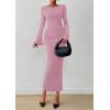 imagePRETTYGARDEN Womens Bodycon Maxi Dress Fall Fashion 2025 Long Bell Sleeve Ruched Fitted Elegant Cocktail Party Slit DressesPink