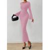 imagePRETTYGARDEN Womens Bodycon Maxi Dress Fall Fashion 2025 Long Bell Sleeve Ruched Fitted Elegant Cocktail Party Slit DressesPink