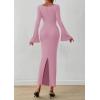 imagePRETTYGARDEN Womens Bodycon Maxi Dress Fall Fashion 2025 Long Bell Sleeve Ruched Fitted Elegant Cocktail Party Slit DressesPink