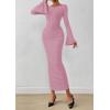 imagePRETTYGARDEN Womens Bodycon Maxi Dress Fall Fashion 2025 Long Bell Sleeve Ruched Fitted Elegant Cocktail Party Slit DressesPink