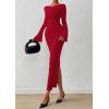 imagePRETTYGARDEN Womens Bodycon Maxi Dress Fall Fashion 2025 Long Bell Sleeve Ruched Fitted Elegant Cocktail Party Slit DressesRed