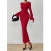 imagePRETTYGARDEN Womens Bodycon Maxi Dress Fall Fashion 2025 Long Bell Sleeve Ruched Fitted Elegant Cocktail Party Slit DressesRed
