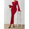 imagePRETTYGARDEN Womens Bodycon Maxi Dress Fall Fashion 2025 Long Bell Sleeve Ruched Fitted Elegant Cocktail Party Slit DressesRed