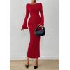 imagePRETTYGARDEN Womens Bodycon Maxi Dress Fall Fashion 2025 Long Bell Sleeve Ruched Fitted Elegant Cocktail Party Slit DressesRed