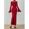 imagePRETTYGARDEN Womens Bodycon Maxi Dress Fall Fashion 2025 Long Bell Sleeve Ruched Fitted Elegant Cocktail Party Slit DressesRed