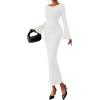 imagePRETTYGARDEN Womens Bodycon Maxi Dress Fall Fashion 2025 Long Bell Sleeve Ruched Fitted Elegant Cocktail Party Slit DressesWhite