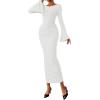 imagePRETTYGARDEN Womens Bodycon Maxi Dress Fall Fashion 2025 Long Bell Sleeve Ruched Fitted Elegant Cocktail Party Slit DressesWhite