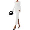 imagePRETTYGARDEN Womens Bodycon Maxi Dress Fall Fashion 2025 Long Bell Sleeve Ruched Fitted Elegant Cocktail Party Slit DressesWhite