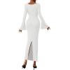 imagePRETTYGARDEN Womens Bodycon Maxi Dress Fall Fashion 2025 Long Bell Sleeve Ruched Fitted Elegant Cocktail Party Slit DressesWhite