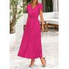 imagePRETTYGARDEN Womens Maxi Dresses 2025 Summer Trendy Cap Short Sleeve Button V Neck Casual Flowy Pleated Long DressRose Red