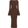 imagePRETTYGARDEN Womens Bodycon Maxi Dress Fall Fashion 2025 Long Bell Sleeve Ruched Fitted Elegant Cocktail Party Slit DressesBrown