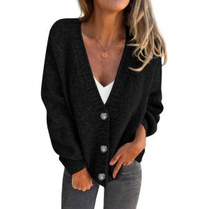 imagePRETTYGARDEN Cardigan Sweaters for Women Trendy Fall 2025 Long Sleeve Button Down Oversized Chunky Knit Sweater OuterwearBlack
