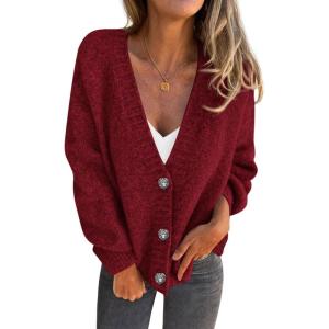 imagePRETTYGARDEN Cardigan Sweaters for Women Trendy Fall 2025 Long Sleeve Button Down Oversized Chunky Knit Sweater OuterwearWine Red