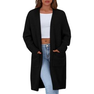 imagePRETTYGARDEN Fall Long Sleeve Cardigan Sweaters for Women 2025 Trendy Winter Open Front Loose Knitted Cardigans with PocketsBlack