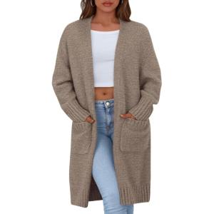 imagePRETTYGARDEN Fall Long Sleeve Cardigan Sweaters for Women 2025 Trendy Winter Open Front Loose Knitted Cardigans with PocketsBrown