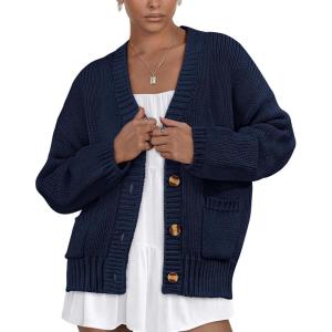 imagePRETTYGARDEN Womens 2025 Fall Cardigan Sweaters Long Sleeve Open Front Button Up V Neck Knit Winter Fashion ClothesNavy