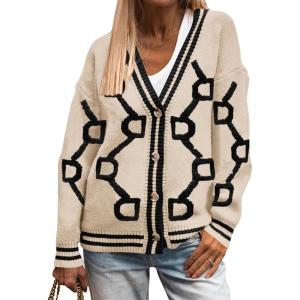 imagePRETTYGARDEN Womens Spring Fall Chunky Knit Cardigan Sweaters Casual Open Front Button Up Winter Coats OuterwearKhaki Black