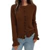 imagePRETTYGARDEN Womens Fall Button Down Cardigans Chunky Knit Ruffle Open Front Cropped Cardigan Sweaters Soft Long Sleeve TopsBrown