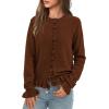 imagePRETTYGARDEN Womens Fall Button Down Cardigans Chunky Knit Ruffle Open Front Cropped Cardigan Sweaters Soft Long Sleeve TopsBrown