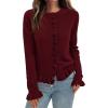imagePRETTYGARDEN Womens Fall Button Down Cardigans Chunky Knit Ruffle Open Front Cropped Cardigan Sweaters Soft Long Sleeve TopsWine Red