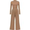 imagePRETTYGARDEN Jumpsuits For Women Dressy Casual Fall Fashion 2025 Long Sleeve Mock Neck Romper Business Work One Piece OutfitsCamel