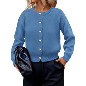imagePRETTYGARDEN Cardigan Sweaters for Women Long Sleeve Open Front Button Down Trendy 2025 Fall Fashion Knit Winter CoatsGrey Blue