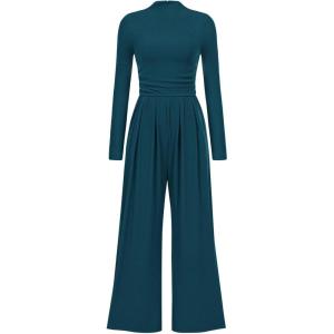 imagePRETTYGARDEN Jumpsuits For Women Dressy Casual Fall Fashion 2025 Long Sleeve Mock Neck Romper Business Work One Piece OutfitsLake Blue