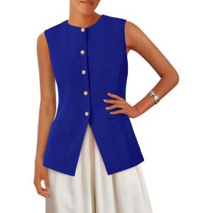imagePRETTYGARDEN Summer Blazer Vest Tops for Women Sleeveless Button Down Business Casual Outfits Work Suit Vests WaistcoatBlue