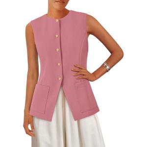 imagePRETTYGARDEN Summer Blazer Vest Tops for Women Sleeveless Button Down Business Casual Outfits Work Suit Vests WaistcoatPink