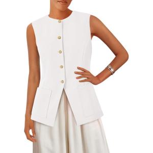 imagePRETTYGARDEN Summer Blazer Vest Tops for Women Sleeveless Button Down Business Casual Outfits Work Suit Vests WaistcoatWhite